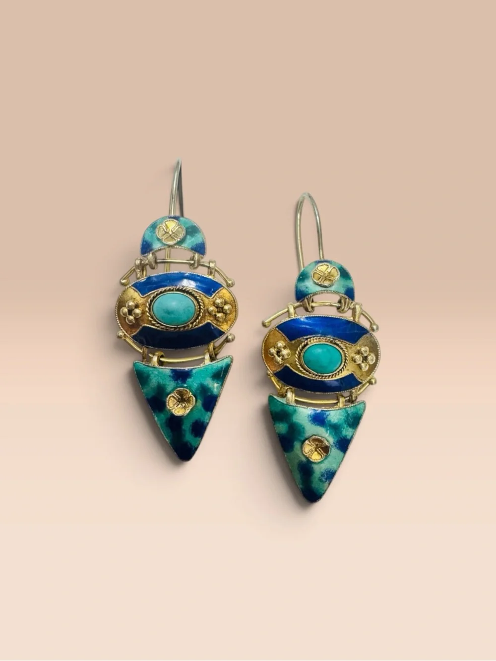 Vintage Shasi Thousand Flowers Gold & Sterling Silver Dangle Earrings w/Turquois